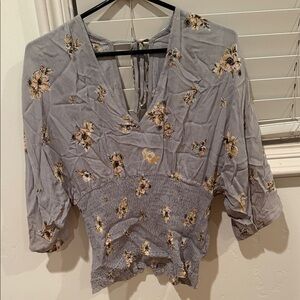 Floral V-Neck Blouse - Gray and Cream